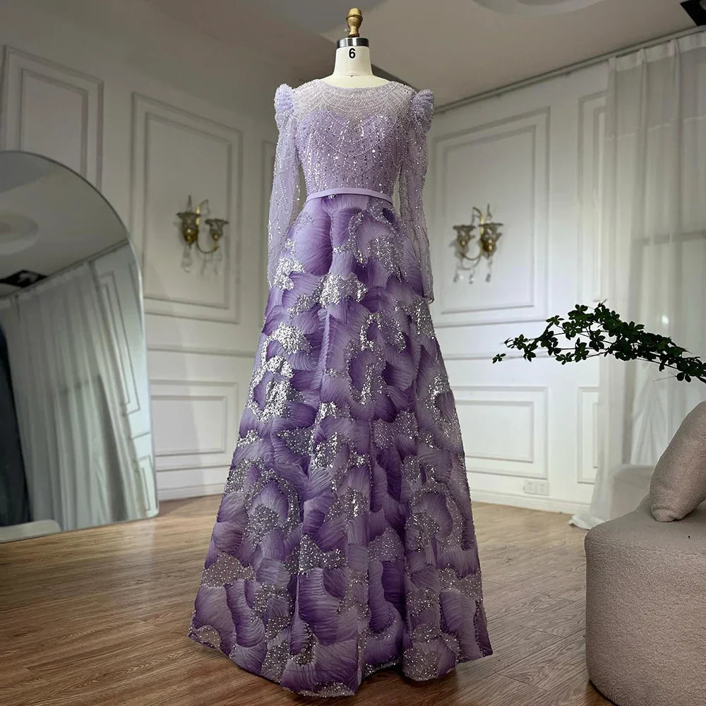 Vestido de noche elegante de corte A con cuentas color lila para ocasiones formales (modelo LA72847) 
