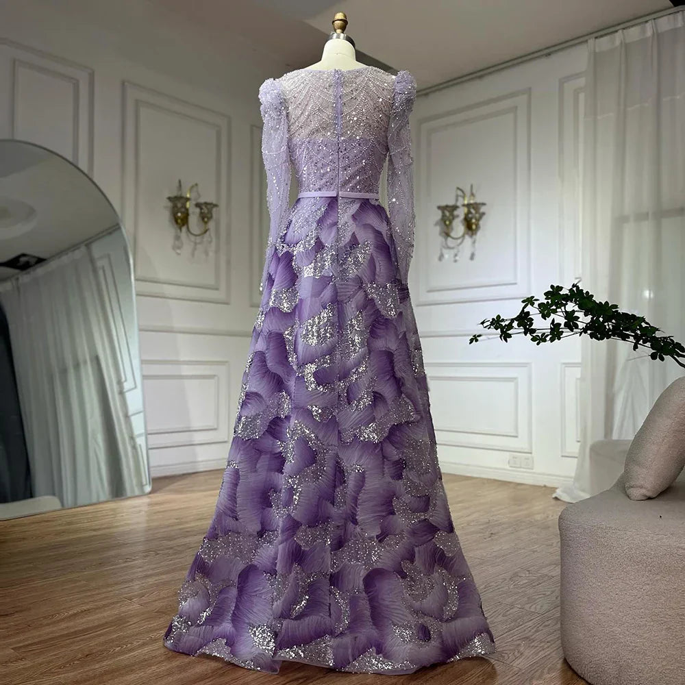 Vestido de noche elegante de corte A con cuentas color lila para ocasiones formales (modelo LA72847) 