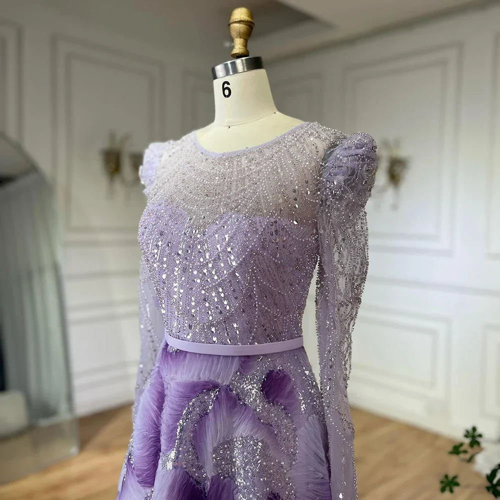 Vestido de noche elegante de corte A con cuentas color lila para ocasiones formales (modelo LA72847) 