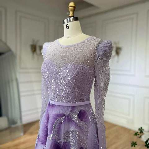 2025 Muslim Elegant Lilac Beaded A Line Evening Gown for Formal Occasion LA72847