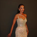 Vestido de noche de un solo hombro con cuentas color nude y cristales para ocasiones formales LA72872
