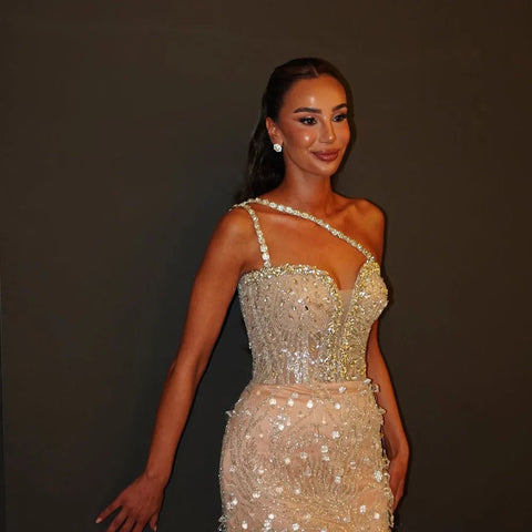 2025 Nude Beaded One-Shoulder Evening Gown with Crystal for Formal Occasion LA72872