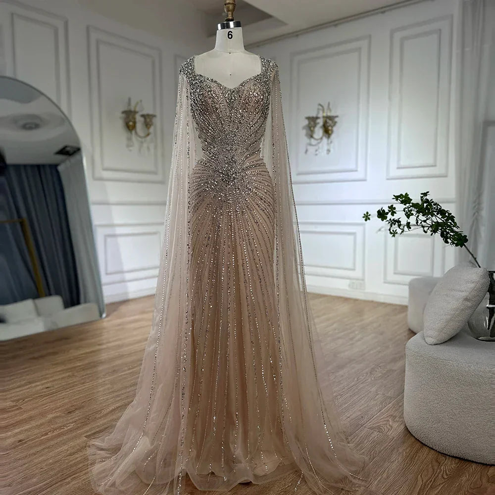 Vestidos de noche árabes saudíes con mangas tipo capa color nude y cuentas, ideales para ocasiones formales (LA72575A) 