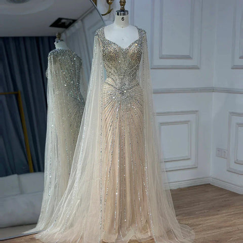 Robe de soirée arabe saoudienne à manches cape couleur chair, ornée de perles, pour une occasion spéciale, LA72575A, 2025