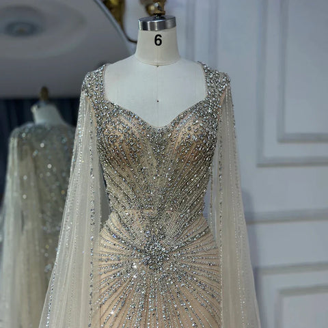 Robe de soirée arabe saoudienne à manches cape couleur chair, ornée de perles, pour une occasion spéciale, LA72575A, 2025