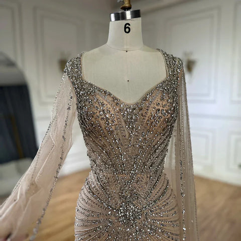 Robe de soirée arabe saoudienne à manches cape couleur chair, ornée de perles, pour une occasion spéciale, LA72575A, 2025