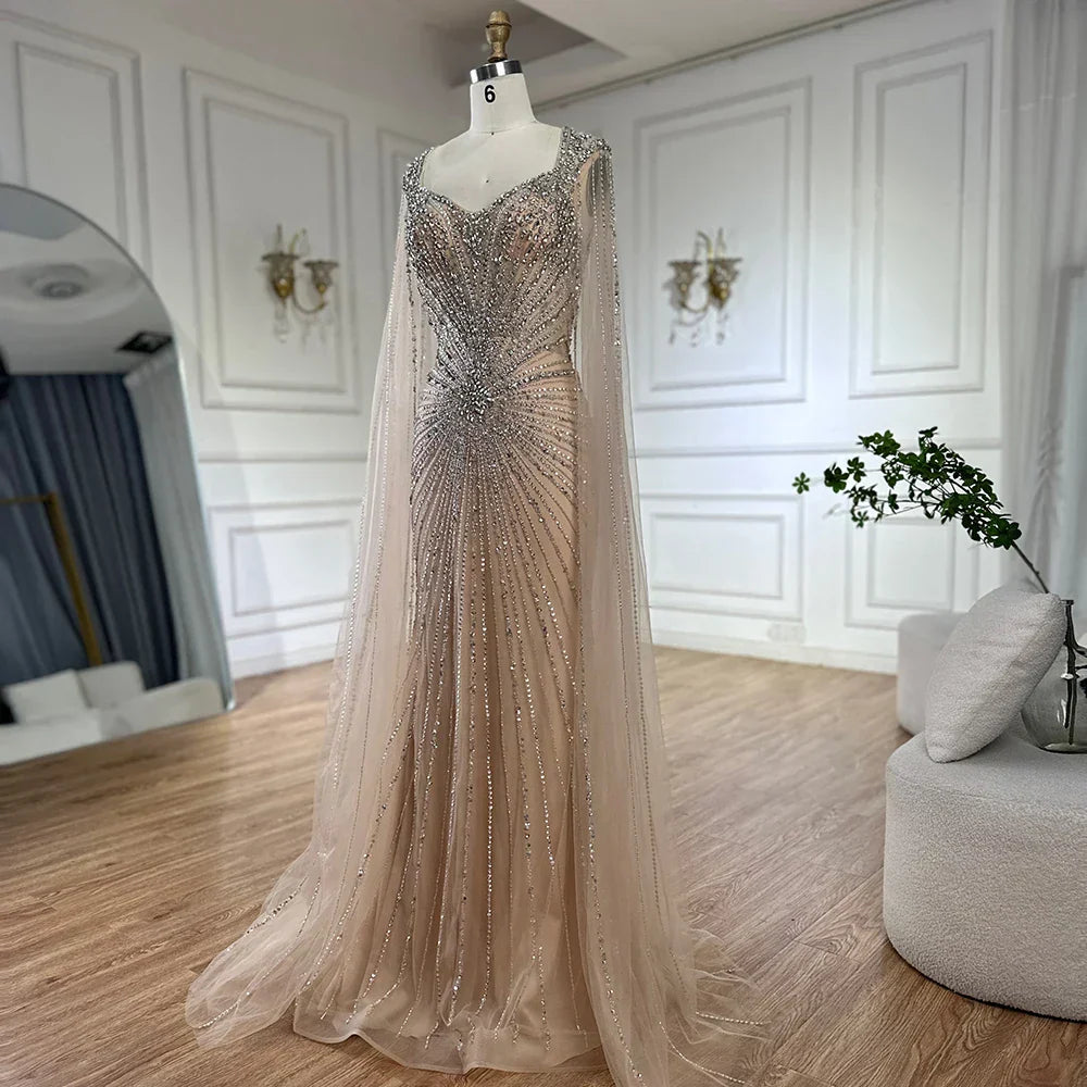 Vestidos de noche árabes saudíes con mangas tipo capa color nude y cuentas, ideales para ocasiones formales (LA72575A) 