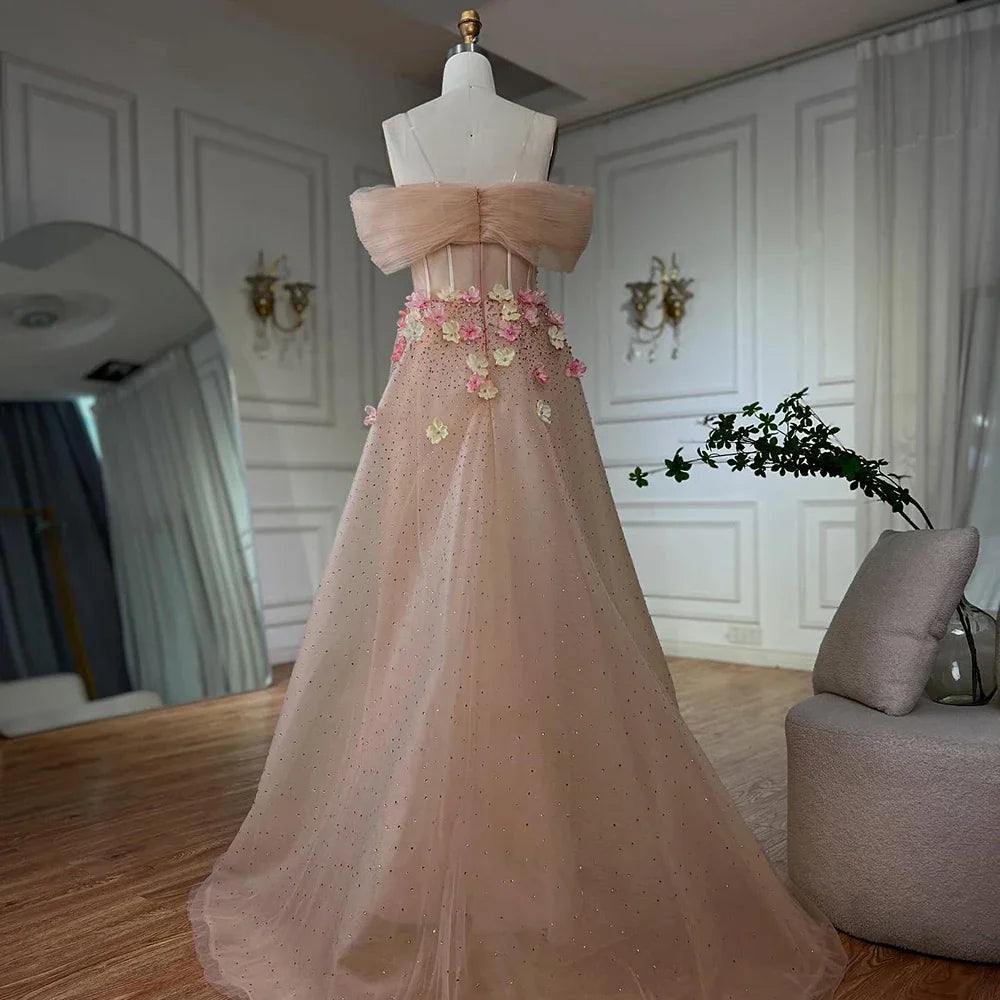 Vestido de noche tipo corsé con hombros descubiertos, estampado floral color nude y cuentas, con sobrefalda, ideal para ocasiones formales (LA72861) 