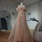 2025 Nude Floral Beaded Off Shoulder Corset Evening Gown With Overskirt for Formal Occasion LA72861