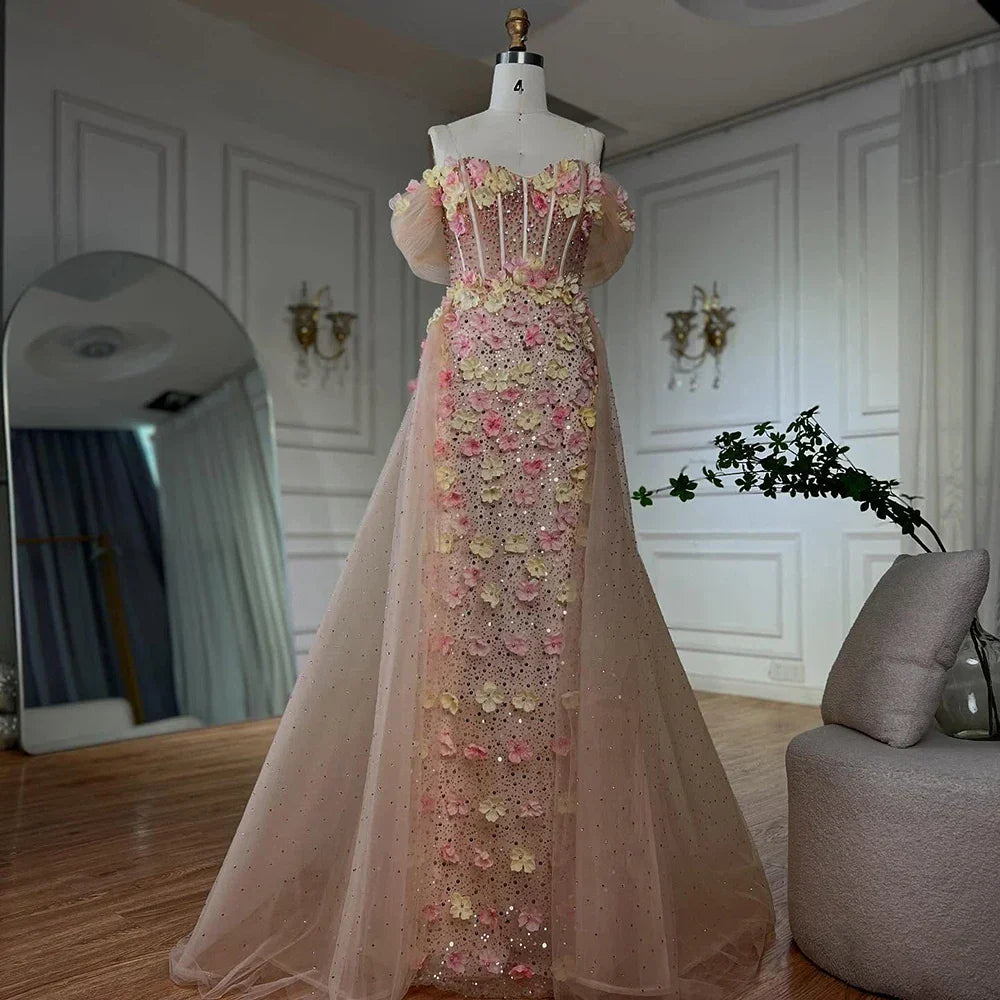 Vestido de noche tipo corsé con hombros descubiertos, estampado floral color nude y cuentas, con sobrefalda, ideal para ocasiones formales (LA72861) 