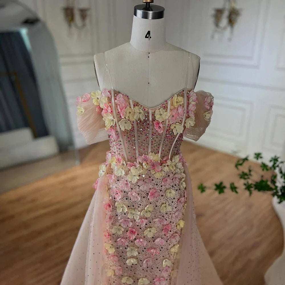 2025 Nude Floral Beaded Off Shoulder Corset Evening Gown With Overskirt for Formal Occasion LA72861