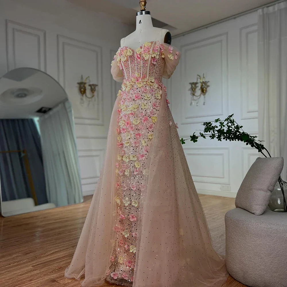 Vestido de noche tipo corsé con hombros descubiertos, estampado floral color nude y cuentas, con sobrefalda, ideal para ocasiones formales (LA72861) 