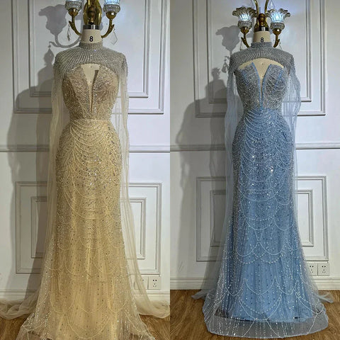 Robe de soirée saoudienne bustier couleur chair, perles et longue cape transparente, pour une occasion formelle, LA72189A, 2025 