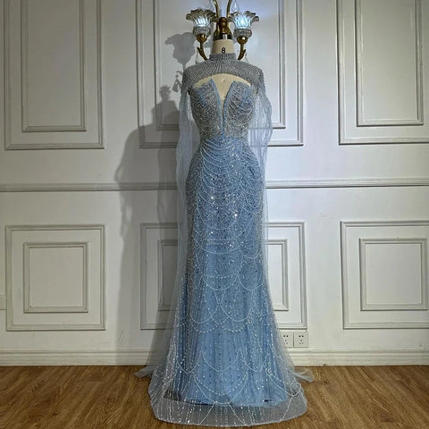 Robe de soirée saoudienne bustier couleur chair, perles et longue cape transparente, pour une occasion formelle, LA72189A, 2025 