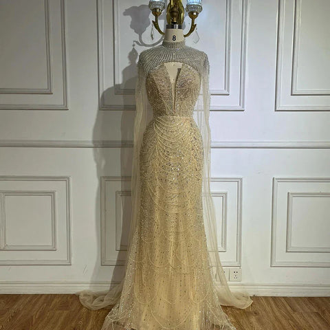 Robe de soirée saoudienne bustier couleur chair, perles et longue cape transparente, pour une occasion formelle, LA72189A, 2025 