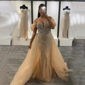 Vestido de noche saudí de sirena con hombros descubiertos, color nude, con cuentas y sobrefalda para ocasiones formales LA72879 