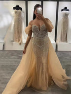 Vestido de noche saudí de sirena con hombros descubiertos, color nude, con cuentas y sobrefalda para ocasiones formales LA72879 