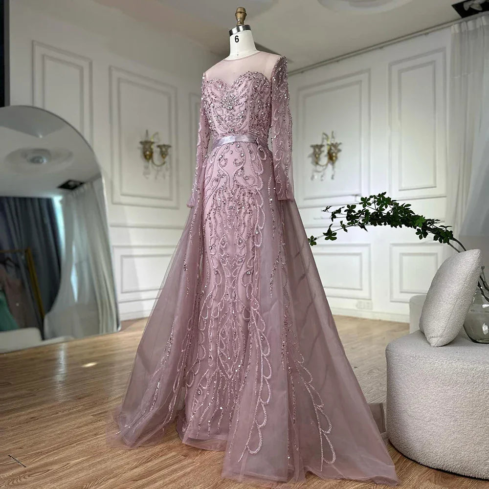 Vestido de noche de sirena rosa con cuentas, estilo árabe saudí, con mangas largas transparentes para ocasiones formales LA72875 