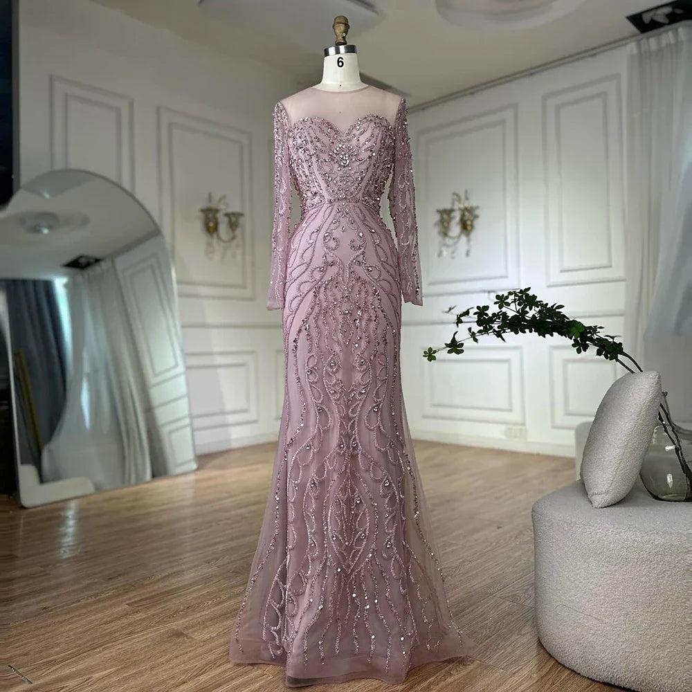 Vestido de noche de sirena rosa con cuentas, estilo árabe saudí, con mangas largas transparentes para ocasiones formales LA72875 