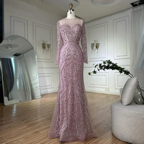 Robe de soirée sirène rose perlée, style saoudien, manches longues transparentes, pour une occasion spéciale, LA72875