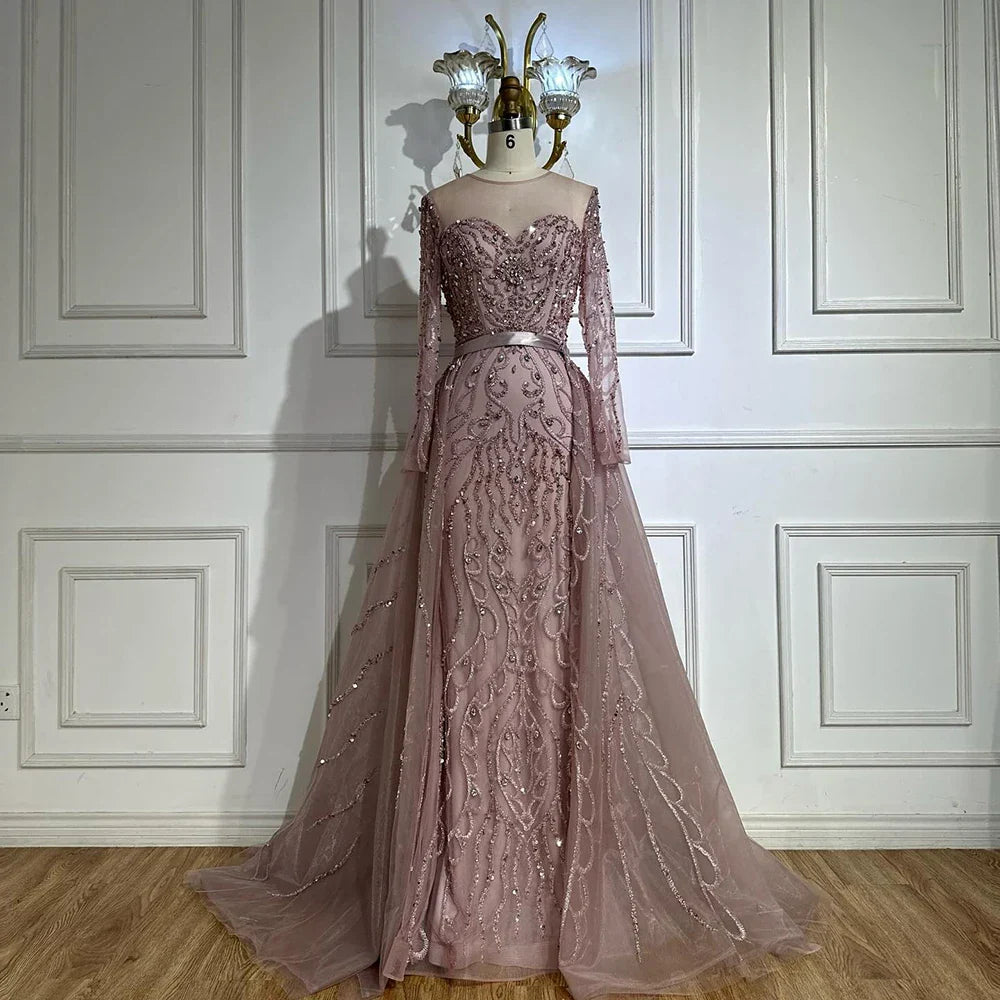 Vestido de noche de sirena rosa con cuentas, estilo árabe saudí, con mangas largas transparentes para ocasiones formales LA72875 
