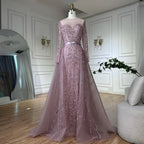 Vestido de noche de sirena rosa con cuentas, estilo árabe saudí, con mangas largas transparentes para ocasiones formales LA72875 