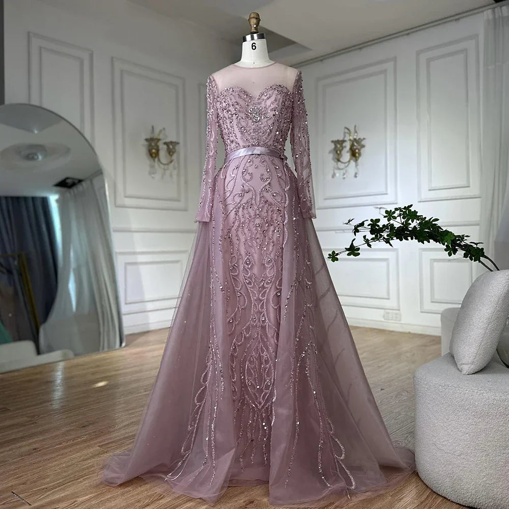 Vestido de noche de sirena rosa con cuentas, estilo árabe saudí, con mangas largas transparentes para ocasiones formales LA72875 