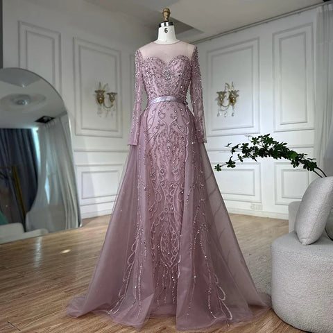 Robe de soirée sirène rose perlée, style saoudien, manches longues transparentes, pour une occasion spéciale, LA72875