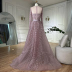Vestido de noche de sirena rosa con cuentas, estilo árabe saudí, con mangas largas transparentes para ocasiones formales LA72875 