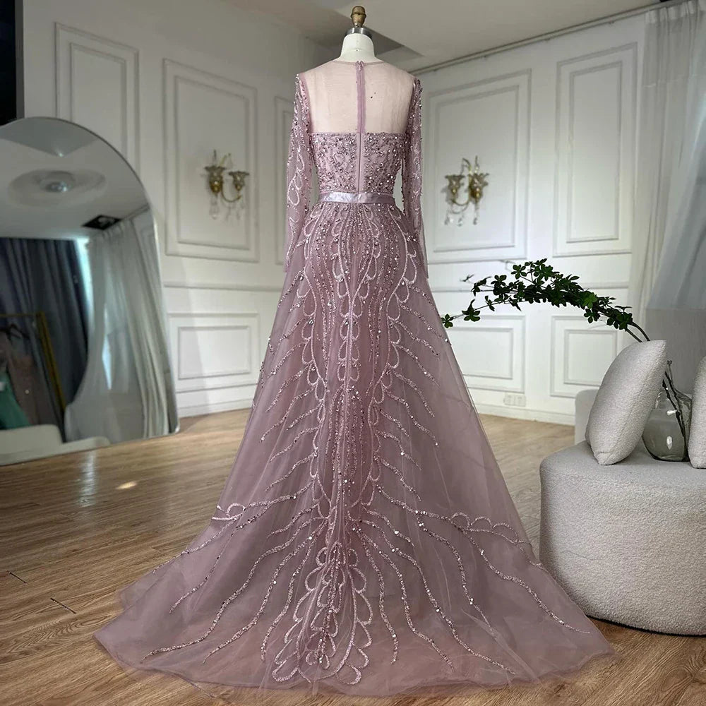 Vestido de noche de sirena rosa con cuentas, estilo árabe saudí, con mangas largas transparentes para ocasiones formales LA72875 