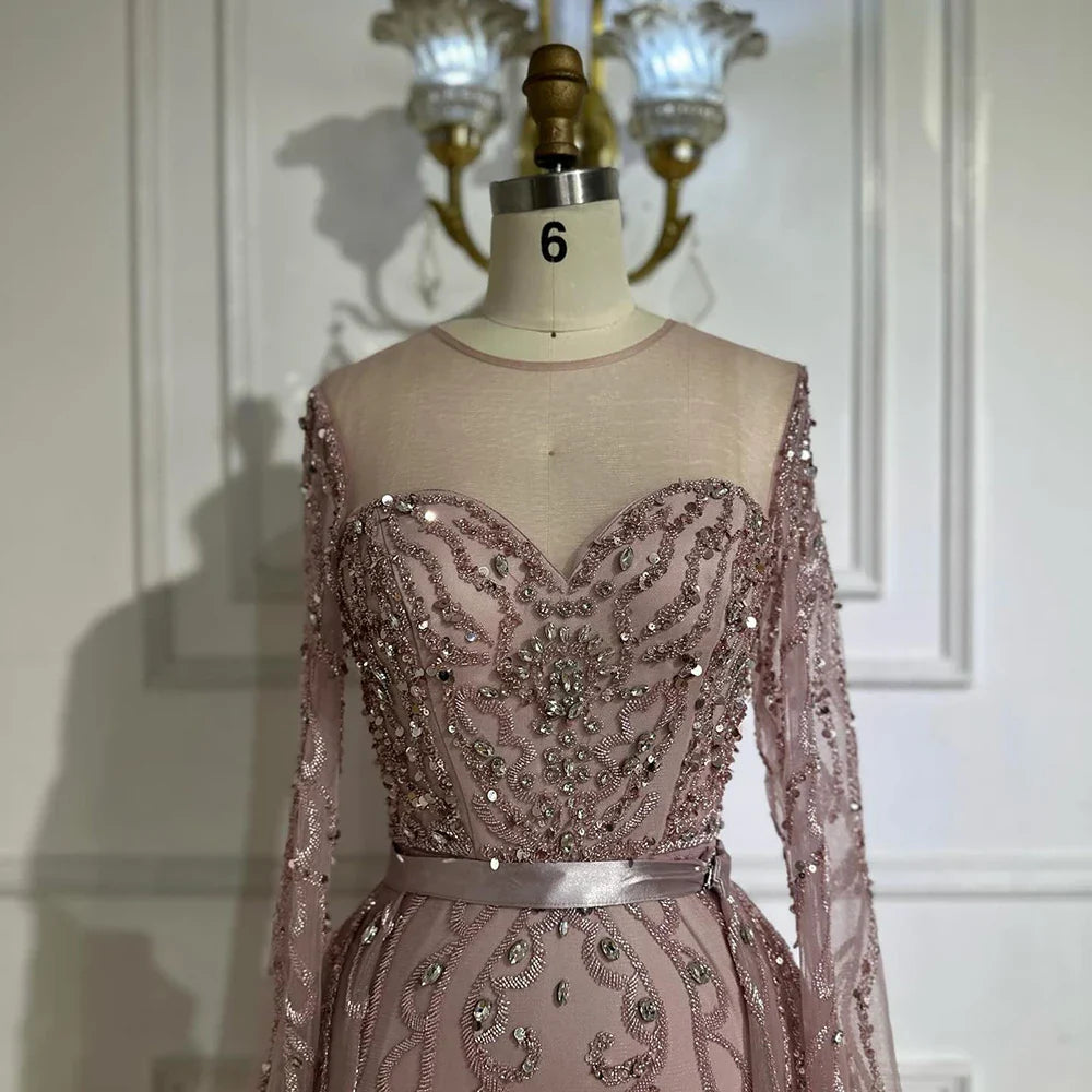Vestido de noche de sirena rosa con cuentas, estilo árabe saudí, con mangas largas transparentes para ocasiones formales LA72875 