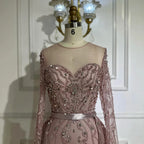 Vestido de noche de sirena rosa con cuentas, estilo árabe saudí, con mangas largas transparentes para ocasiones formales LA72875 