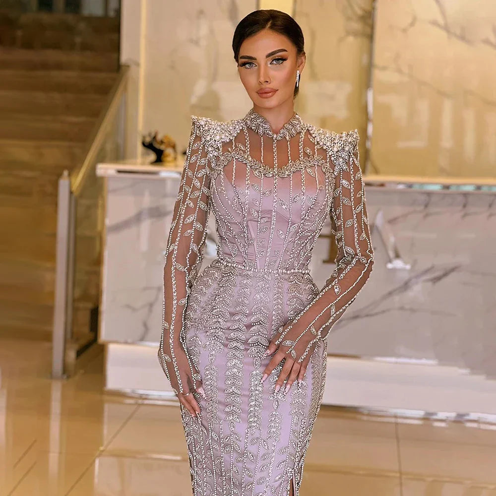 Beige Long Sleeves Arabic Evening Dresses LA72826