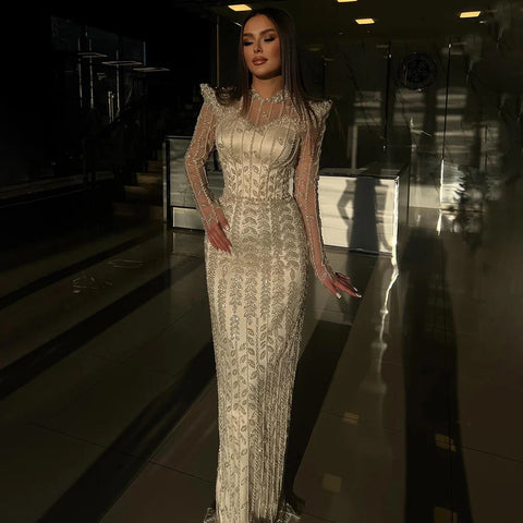 Robe de soirée arabe beige à manches longues LA72826