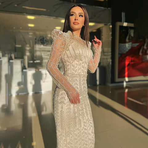 Robe de soirée arabe beige à manches longues LA72826