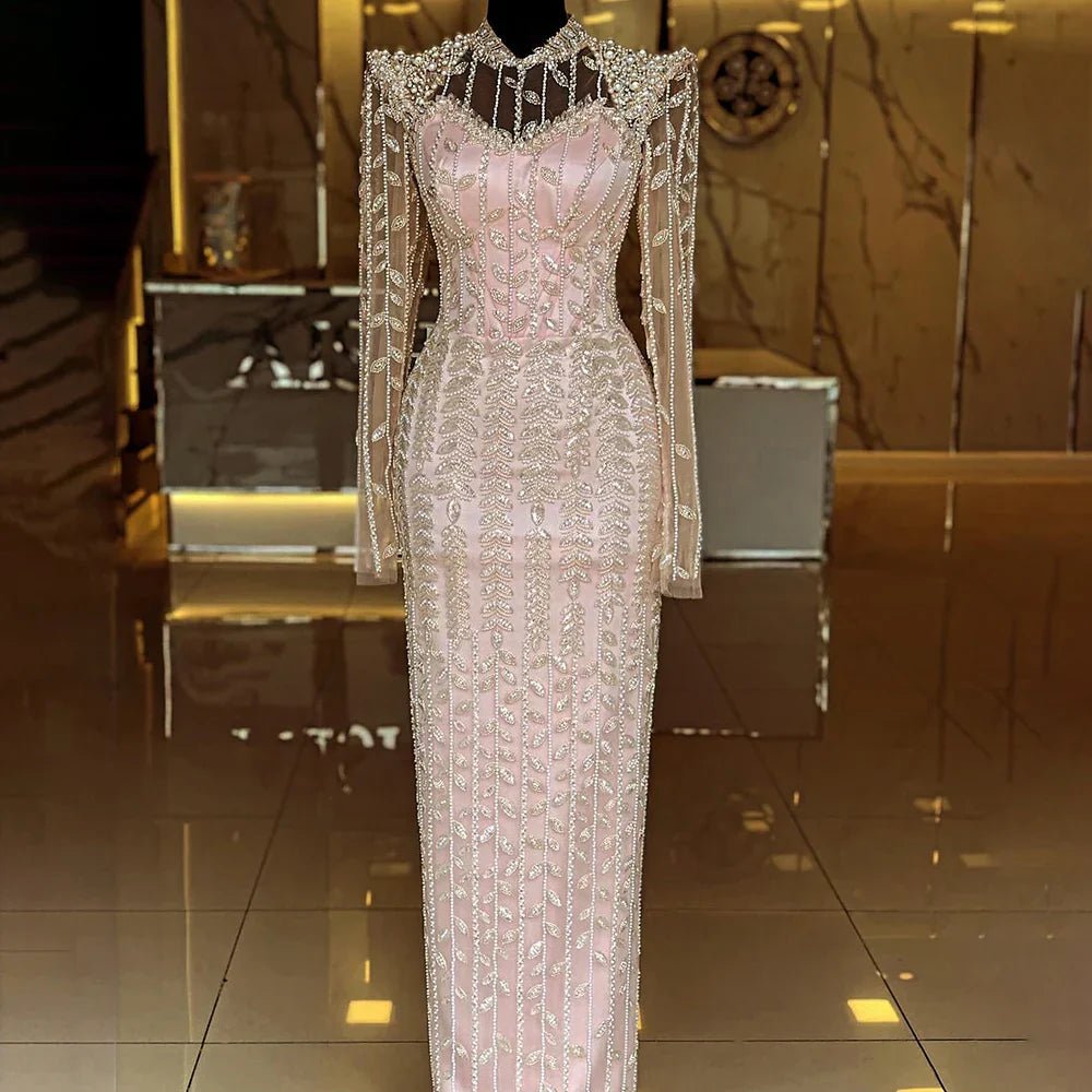Beige Long Sleeves Arabic Evening Dresses LA72826