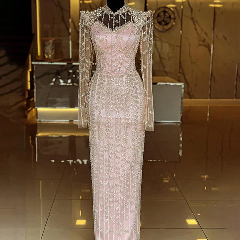 Robe de soirée arabe beige à manches longues LA72826