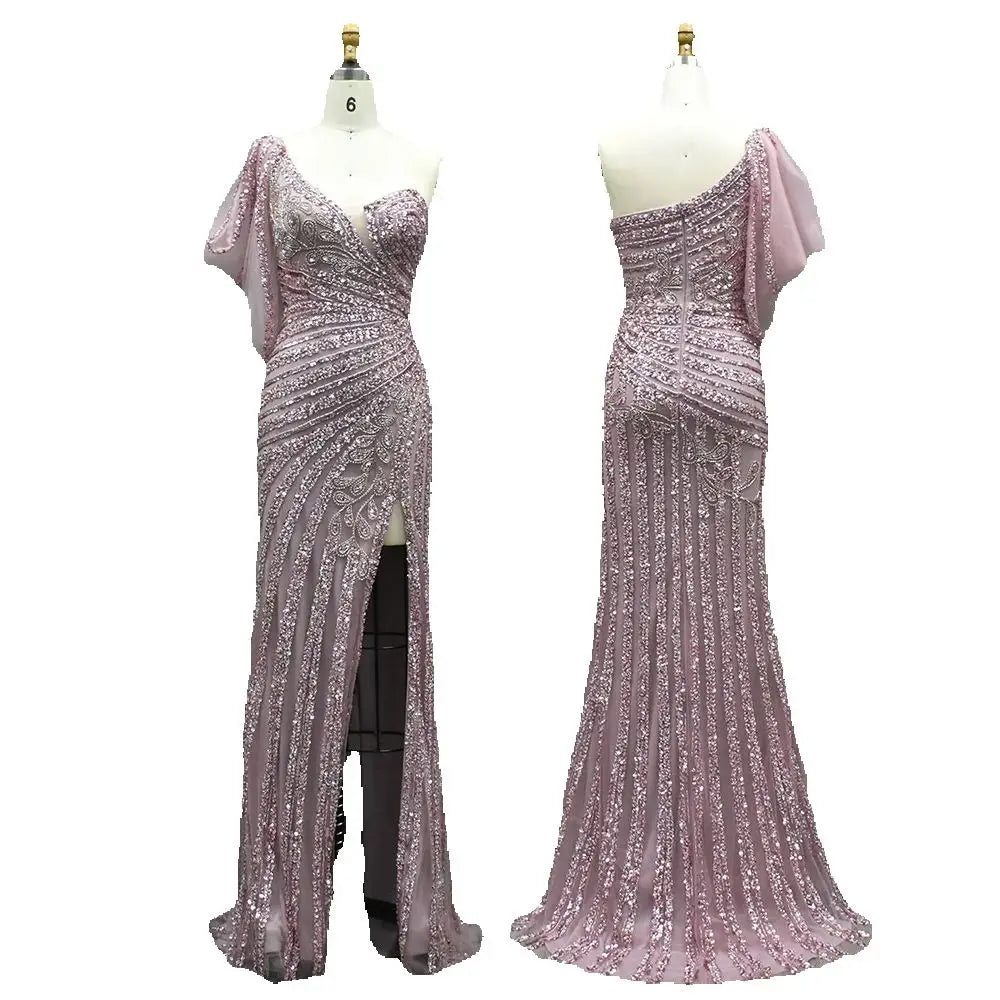 Vestido de noche sirena rosa con un solo hombro, cuentas y abertura alta para ocasiones formales LA72821 
