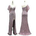 Vestido de noche sirena rosa con un solo hombro, cuentas y abertura alta para ocasiones formales LA72821 
