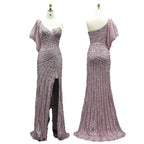 Vestido de noche sirena rosa con un solo hombro, cuentas y abertura alta para ocasiones formales LA72821 