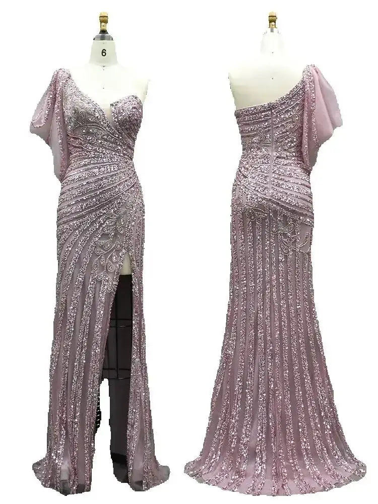 Vestido de noche sirena rosa con un solo hombro, cuentas y abertura alta para ocasiones formales LA72821 
