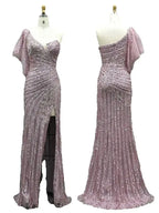 Vestido de noche sirena rosa con un solo hombro, cuentas y abertura alta para ocasiones formales LA72821 