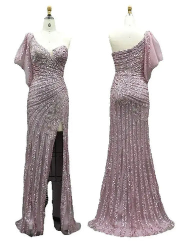 Robe de soirée sirène rose asymétrique à perles et fente haute pour une occasion formelle, LA72821, 2025