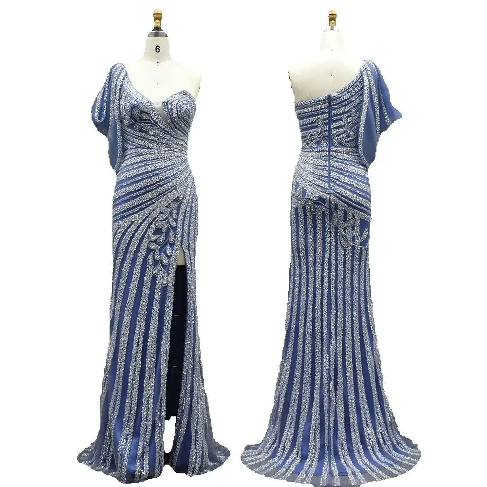 Vestido de noche sirena rosa con un solo hombro, cuentas y abertura alta para ocasiones formales LA72821 