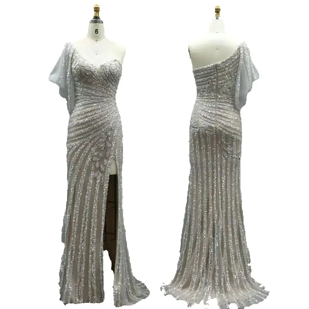 Vestido de noche sirena rosa con un solo hombro, cuentas y abertura alta para ocasiones formales LA72821 