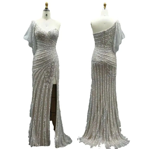 Robe de soirée sirène rose asymétrique à perles et fente haute pour une occasion formelle, LA72821, 2025