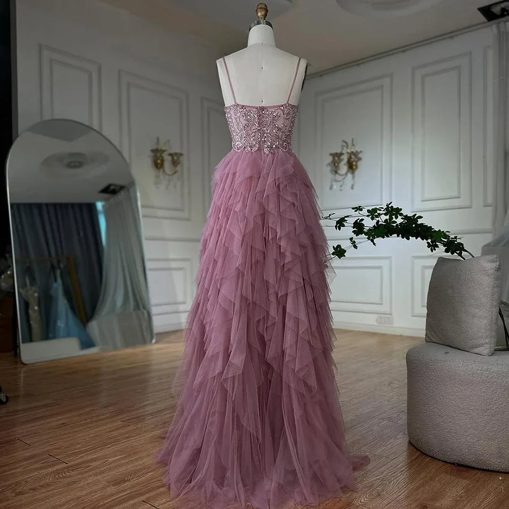 Vestido de noche rosa con tirantes finos, corpiño con cuentas y falda de tul en capas para ocasiones formales LA72893 