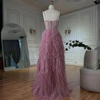 Vestido de noche rosa con tirantes finos, corpiño con cuentas y falda de tul en capas para ocasiones formales LA72893 
