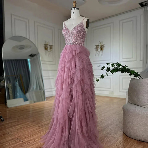 Robe de soirée rose à bretelles spaghetti, corsage perlé et jupe en tulle superposée, pour une occasion formelle, LA72893, 2025 