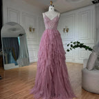 Vestido de noche rosa con tirantes finos, corpiño con cuentas y falda de tul en capas para ocasiones formales LA72893 